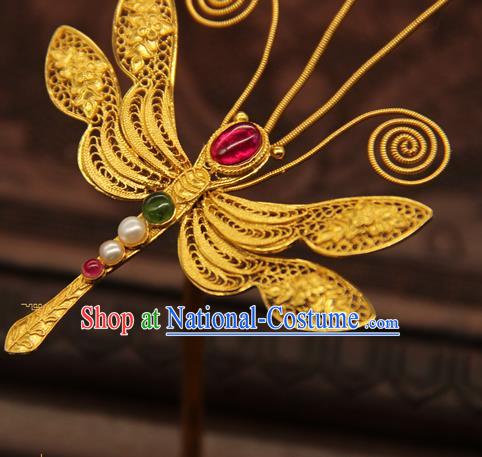 China Handmade Hair Stick Traditional Ming Dynasty Palace Hair Accessories Ancient Empress Golden Dragonfly Hairpin