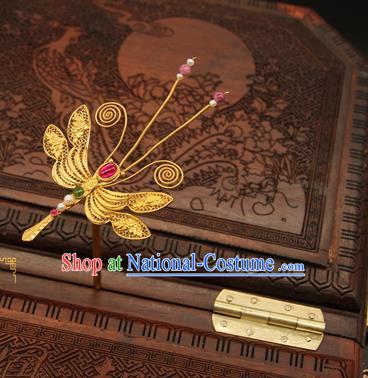 China Handmade Hair Stick Traditional Ming Dynasty Palace Hair Accessories Ancient Empress Golden Dragonfly Hairpin