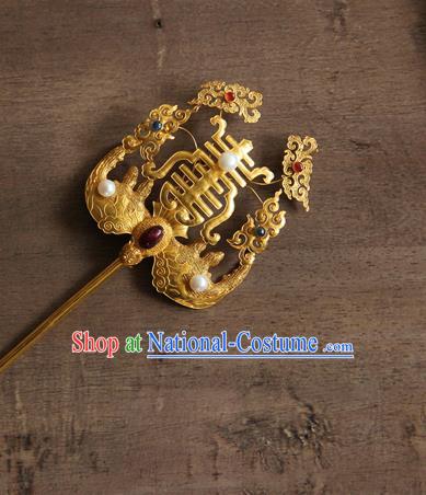 China Handmade Golden Bat Hair Stick Ancient Empress Hairpin Traditional Ming Dynasty Palace Hair Accessories