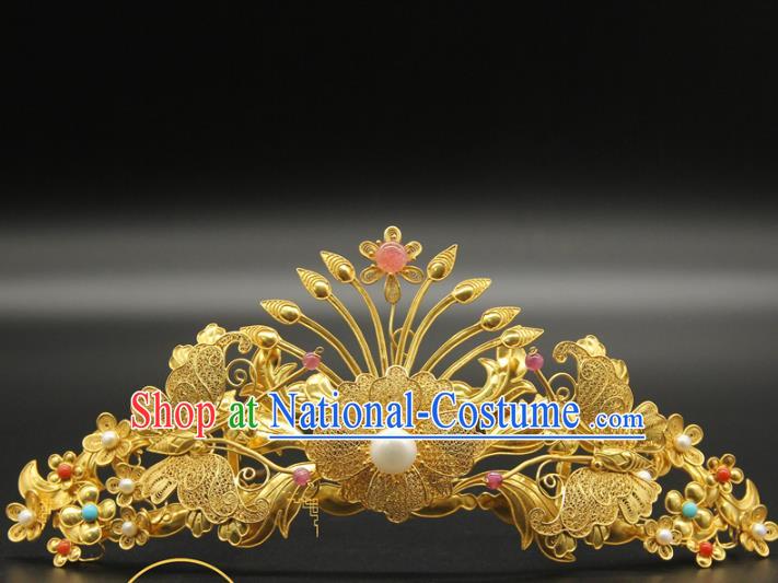 China Ancient Court Hair Accessories Traditional Handmade Hairpin Ming Dynasty Golden Hair Crown