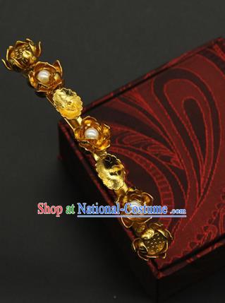 China Traditional Handmade Pearls Hairpin Ming Dynasty Golden Flowers Hair Stick Ancient Court Hair Accessories