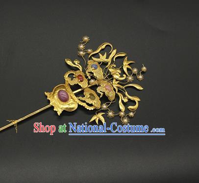 China Ming Dynasty Hair Stick Ancient Court Hair Accessories Traditional Handmade Golden Flowers Hairpin