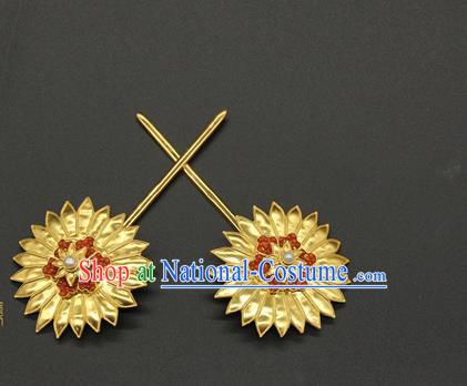 China Tang Dynasty Hair Stick Ancient Court Hair Accessories Traditional Handmade Golden Chrysanthemum Hairpin