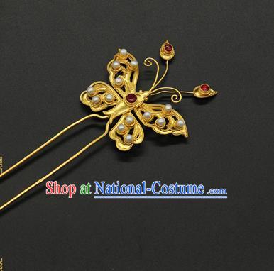 China Ming Dynasty Pearls Hair Stick Ancient Court Hair Accessories Traditional Handmade Golden Butterfly Hairpin