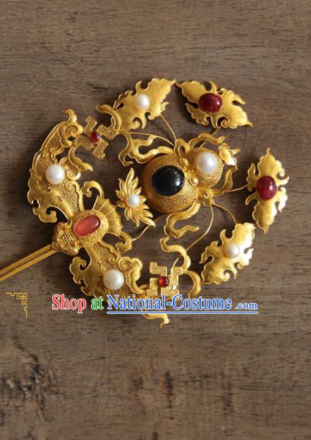 China Ancient Palace Empress Pearls Hairpin Traditional Ming Dynasty Gems Hair Accessories Handmade Golden Gourd Hair Stick