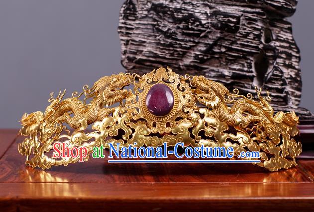 China Ming Dynasty Golden Dragons Hair Crown Ancient Court Hair Accessories Traditional Handmade Empress Hairpin