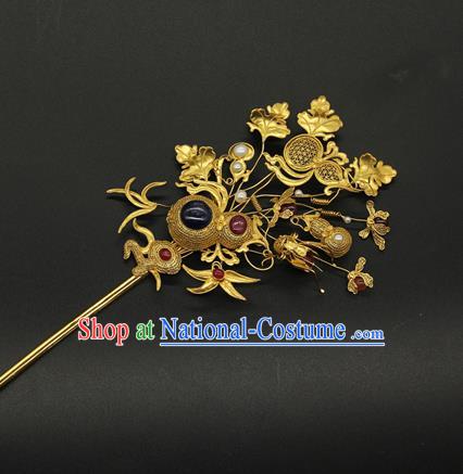 China Traditional Qing Dynasty Golden Gourd Hair Stick Ancient Court Empress Gems Hair Accessories Handmade Pearls Hairpin