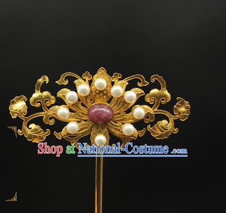 China Ancient Court Empress Hair Accessories Handmade Pearls Hairpin Traditional Qing Dynasty Golden Hair Stick