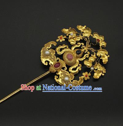 China Traditional Qing Dynasty Gems Hair Stick Ancient Court Empress Hair Accessories Handmade Golden Gourd Hairpin