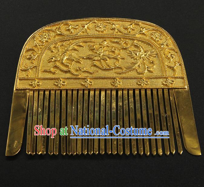 China Handmade Court Hairpin Ancient Empress Hair Accessories Traditional Tang Dynasty Carving Golden Hair Comb