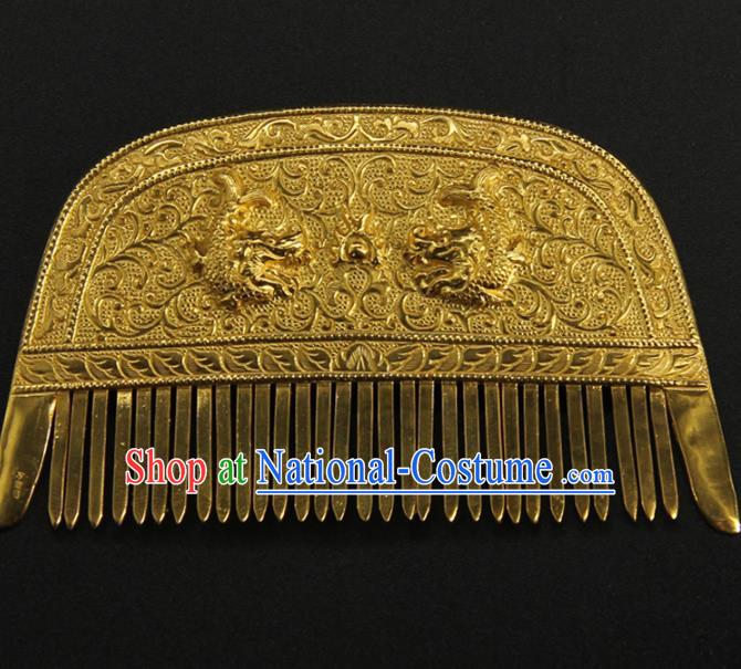 China Traditional Tang Dynasty Carving Dragon Golden Hair Comb Handmade Court Hairpin Ancient Empress Hair Accessories