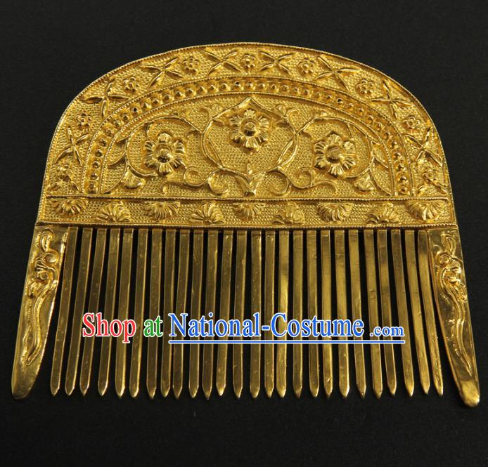 China Handmade Court Golden Hairpin Ancient Empress Hair Accessories Traditional Tang Dynasty Carving Flowers Hair Comb