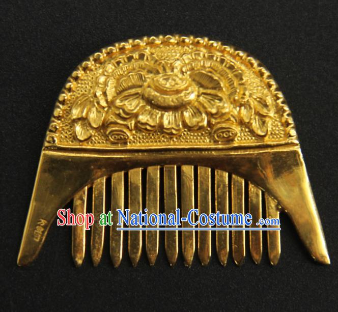 China Ancient Empress Hair Accessories Traditional Tang Dynasty Carving Peony Hair Comb Handmade Court Golden Hairpin