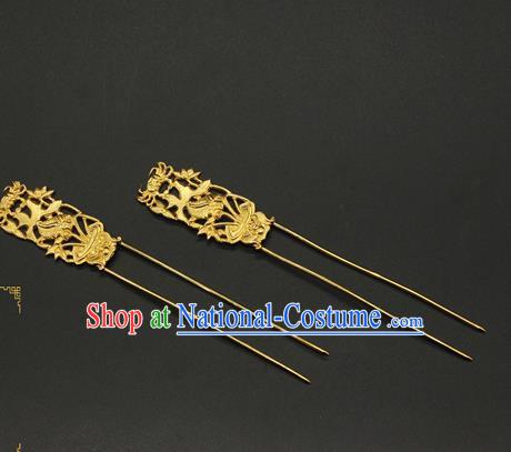 China Traditional Handmade Golden Carving Hairpin Ming Dynasty Hair Stick Ancient Court Empress Hair Accessories