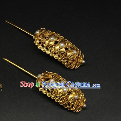 China Traditional Handmade Pearls Hairpin Ancient Court Empress Hair Accessories Ming Dynasty Golden Hair Stick