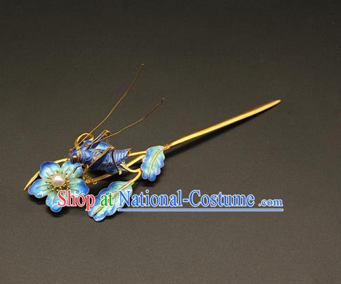 China Handmade Blueing Grasshopper Hair Clip Ancient Imperial Consort Hairpin Traditional Qing Dynasty Court Hair Accessories