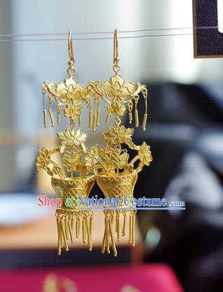 Handmade Chinese Traditional Ancient Queen Golden Flower Basket Earrings Accessories Ming Dynasty Court Ear Jewelry