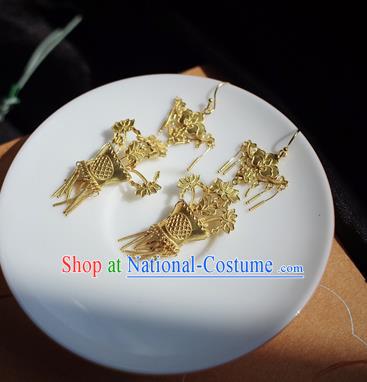 Handmade Chinese Traditional Ancient Queen Golden Flower Basket Earrings Accessories Ming Dynasty Court Ear Jewelry