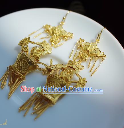 Handmade Chinese Traditional Ancient Queen Golden Flower Basket Earrings Accessories Ming Dynasty Court Ear Jewelry