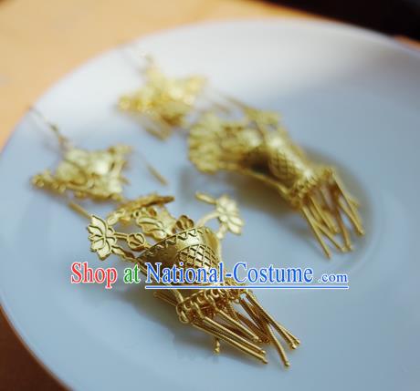 Handmade Chinese Traditional Ancient Queen Golden Flower Basket Earrings Accessories Ming Dynasty Court Ear Jewelry