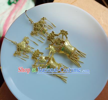 Handmade Chinese Traditional Ancient Queen Golden Flower Basket Earrings Accessories Ming Dynasty Court Ear Jewelry