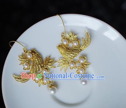 Handmade Chinese Traditional Ancient Wedding Earrings Accessories Ming Dynasty Court Golden Magpie Plum Ear Jewelry