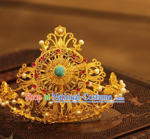 China Handmade Wedding Golden Hair Crown Ancient Queen Hairpin Traditional Ming Dynasty Hair Accessories