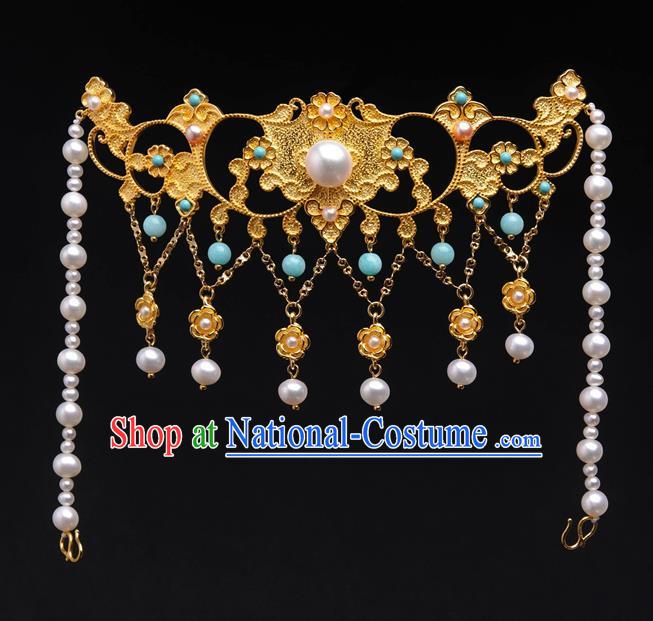 China Tang Dynasty Pearls Tassel Hair Crown Traditional Ancient Empress Hairpin Hair Accessories Headwear