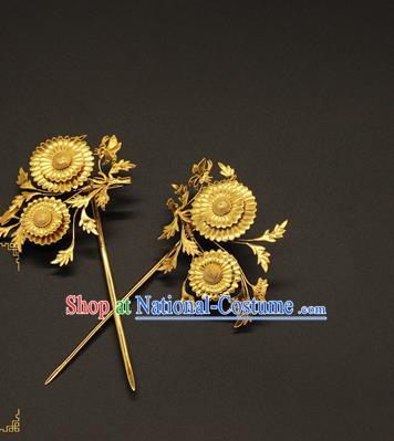 China Traditional Ming Dynasty Palace Hair Accessories Handmade Golden Flowers Hair Stick Ancient Imperial Empress Hairpin