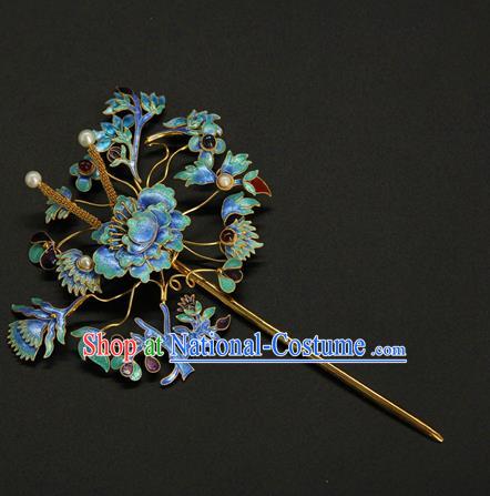 China Ancient Imperial Empress Hairpin Traditional Qing Dynasty Palace Hair Accessories Handmade Enamel Peony Hair Stick