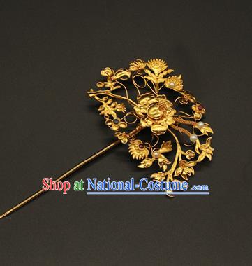 China Traditional Qing Dynasty Court Hair Accessories Handmade Golden Peony Hair Stick Ancient Imperial Empress Hairpin