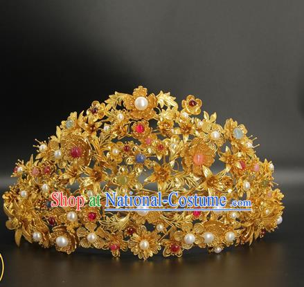 China Traditional Ming Dynasty Wedding Hair Accessories Handmade Golden Hairpin Ancient Empress Pearls Flower Hair Crown