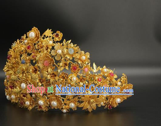 China Traditional Ming Dynasty Wedding Hair Accessories Handmade Golden Hairpin Ancient Empress Pearls Flower Hair Crown