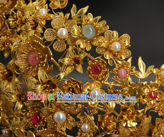 China Traditional Ming Dynasty Wedding Hair Accessories Handmade Golden Hairpin Ancient Empress Pearls Flower Hair Crown