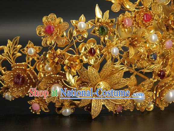 China Traditional Ming Dynasty Wedding Hair Accessories Handmade Golden Hairpin Ancient Empress Pearls Flower Hair Crown