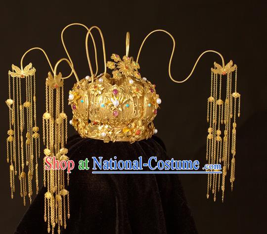 China Traditional Ming Dynasty Hair Crown Wedding Hair Accessories Handmade Ancient Empress Tassel Phoenix Coronet