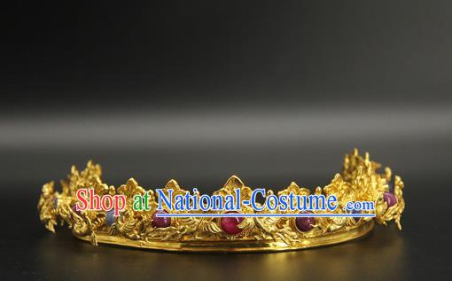 China Traditional Ming Dynasty Hair Accessories Ancient Court Empress Hairpin Handmade Gems Golden Hair Crown