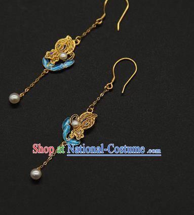 Handmade Chinese Traditional Qing Dynasty Court Ear Jewelry Ancient Imperial Consort Earrings Blueing Accessories