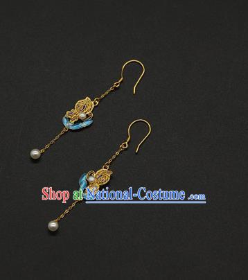 Handmade Chinese Traditional Qing Dynasty Court Ear Jewelry Ancient Imperial Consort Earrings Blueing Accessories