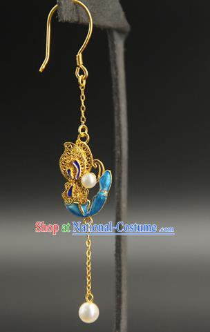 Handmade Chinese Traditional Qing Dynasty Court Ear Jewelry Ancient Imperial Consort Earrings Blueing Accessories