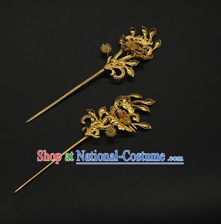 China Traditional Handmade Golden Hair Stick Ancient Court Hairpin Ming Dynasty Empress Hair Accessories