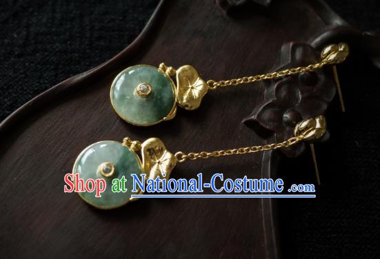 China Ancient Court Lady Jade Ear Jewelry Traditional Ming Dynasty Imperial Concubine Lotus Leaf Earrings