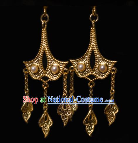 China Ancient Golden Ginkgo Leaf Ear Jewelry Traditional Tang Dynasty Imperial Concubine Pearls Earrings