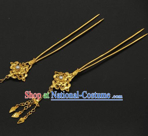 China Traditional Handmade Court Golden Hairpin Ancient Queen Hair Accessories Ming Dynasty Tassel Hair Stick