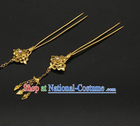 China Traditional Handmade Court Golden Hairpin Ancient Queen Hair Accessories Ming Dynasty Tassel Hair Stick