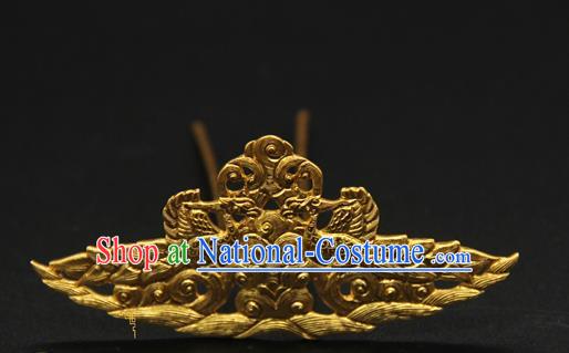 China Ancient Tang Dynasty Hair Accessories Handmade Court Golden Phoenix Hairpin Traditional Queen Hair Crown