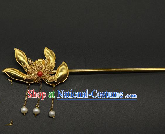 China Handmade Court Golden Lotus Hairpin Traditional Queen Tassel Hair Stick Ancient Qing Dynasty Hair Accessories