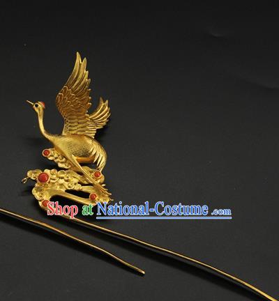 China Traditional Court Queen Golden Crane Hair Stick Ancient Ming Dynasty Hair Accessories Handmade Hairpin