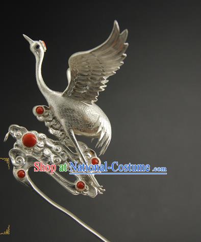 China Ancient Ming Dynasty Hair Accessories Handmade Hairpin Traditional Court Queen Argent Crane Hair Stick