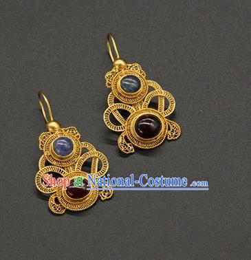 Handmade Chinese Ancient Empress Golden Gourd Ear Jewelry Traditional Ming Dynasty Gems Earrings Accessories